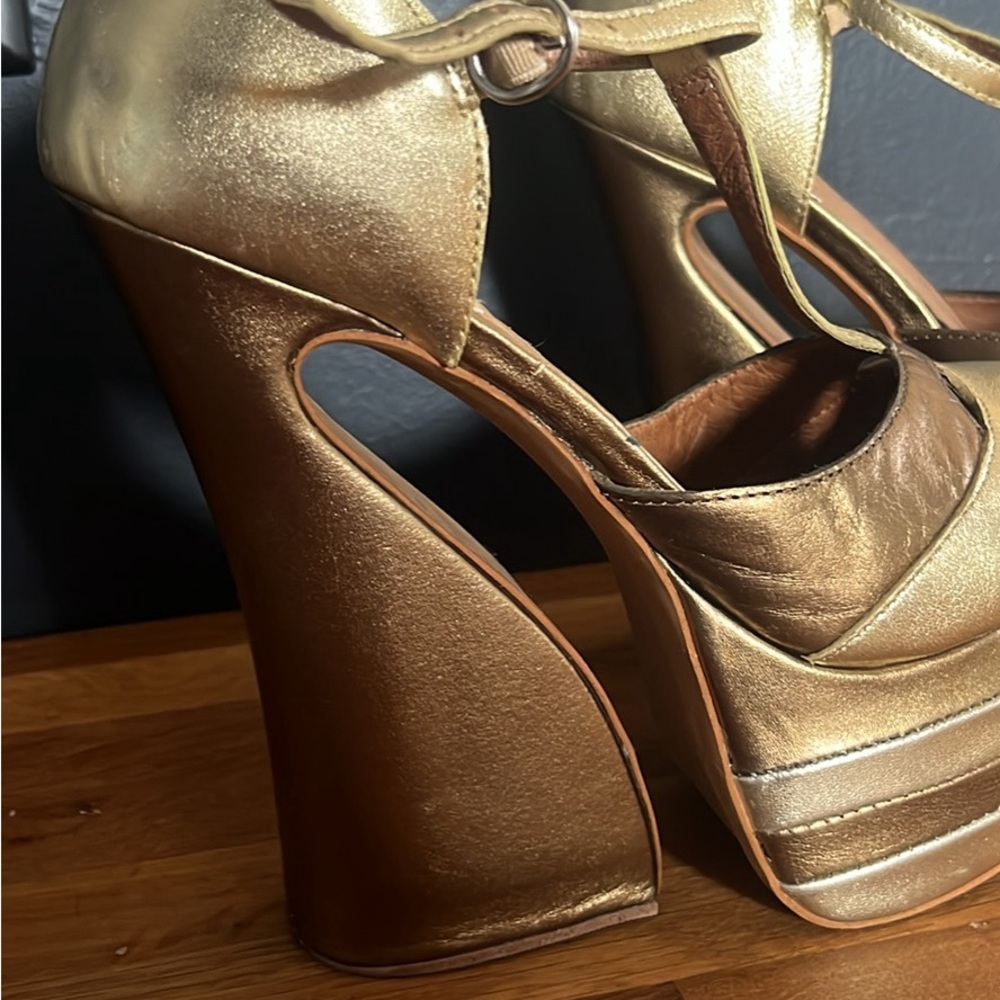 Jeffrey Campbell Gold Platform Shoes chunky disco funky 8 party Bowie crazy fun